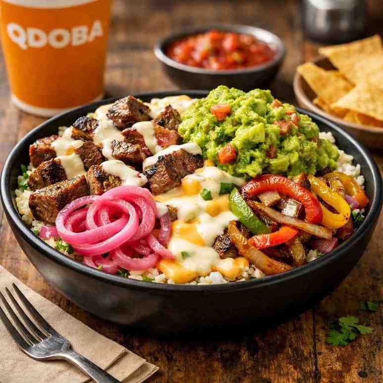 Loaded Qdoba steak bowl with queso and guacamole