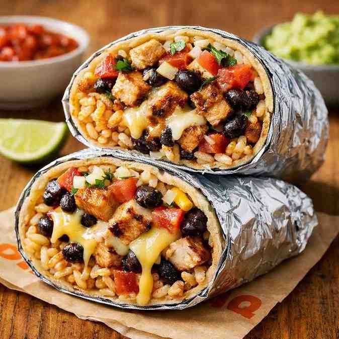 A delicious Qdoba burrito cut in half