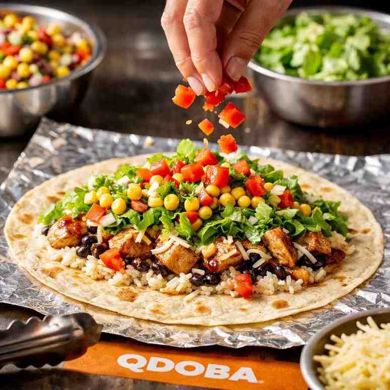 Preparing a Qdoba burrito with fresh toppings
