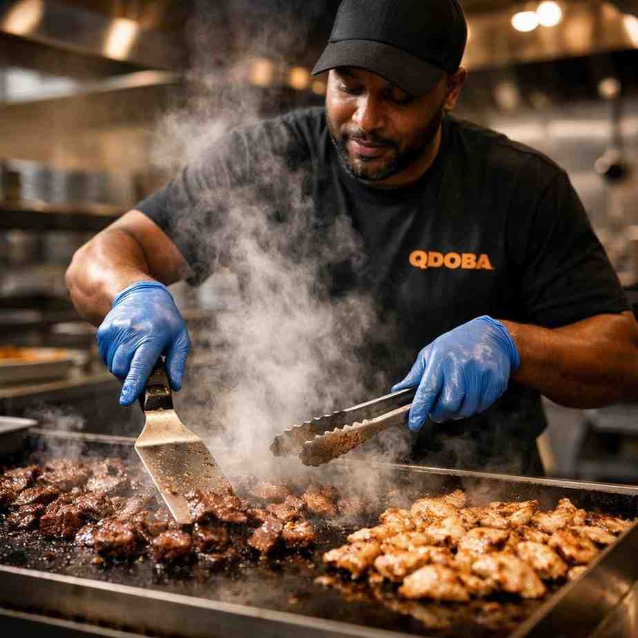 Qdoba chef grilling fresh chicken and steak