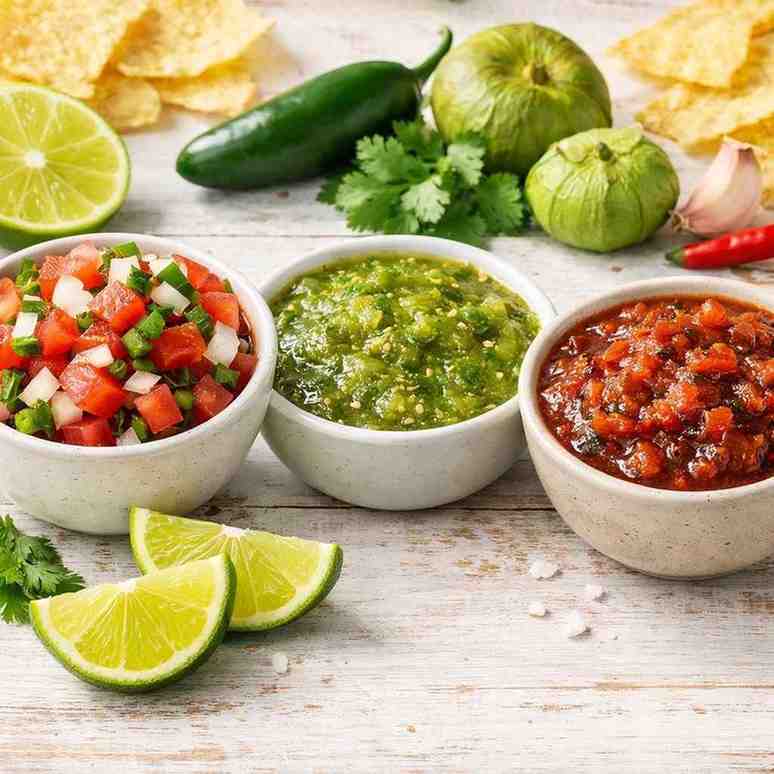 Fresh Qdoba salsas: Pico de Gallo, Salsa Verde, and Roja