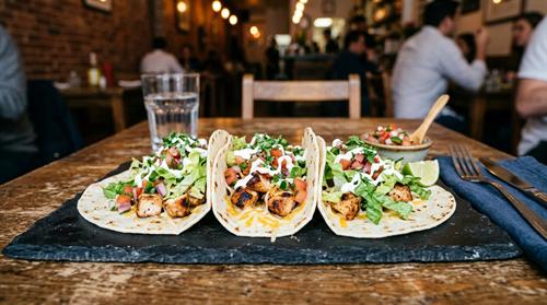 Pancheros street style chicken tacos topped with lettuce and cheese