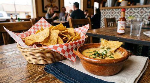Crispy corn tortilla chips with a side bowl of hot cheese queso dip