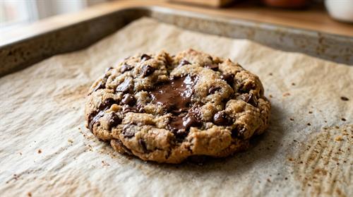 Warm chocolate chip cookie fresh out of the oven
