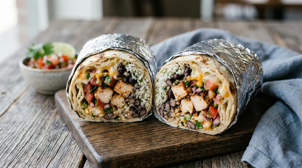 Premium Pancheros Burrito stacked and filled with grilled chicken, rice, beans, and fresh toppings