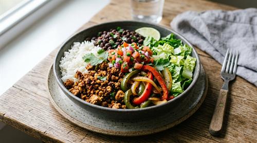 Vegan friendly seasoned soy tofurizo bowl