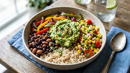 Pancheros vegetarian bowl loaded with guacamole