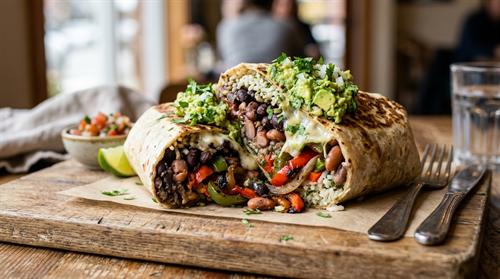 Pancheros veggie burrito stuffed with guacamole, rice, and beans
